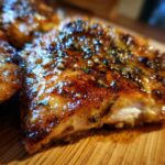 Close-up of a perfectly cooked chicken breast showing a glossy, caramelized exterior from the chicken marinade.