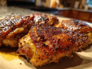 Close-up of four perfectly cooked, juicy chicken thighs with a dark, seasoned crust from the amazing chicken marinade.