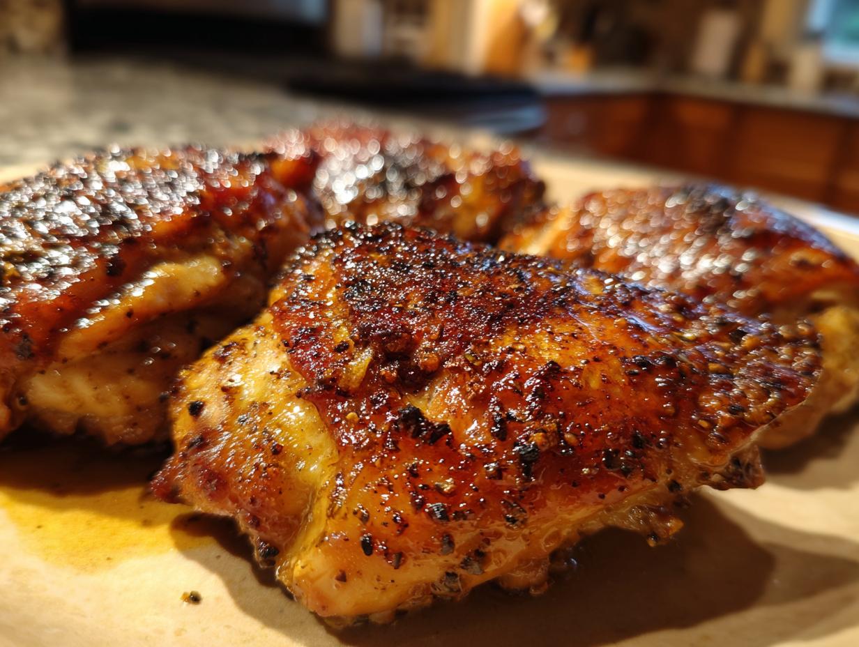 Close-up of four perfectly cooked, juicy chicken thighs with a dark, seasoned crust from the amazing chicken marinade.