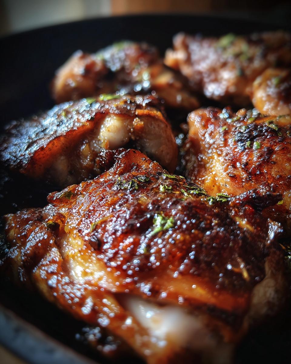 Close-up of beautifully caramelized chicken pieces, glistening from a rich chicken marinade and sprinkled with herbs.