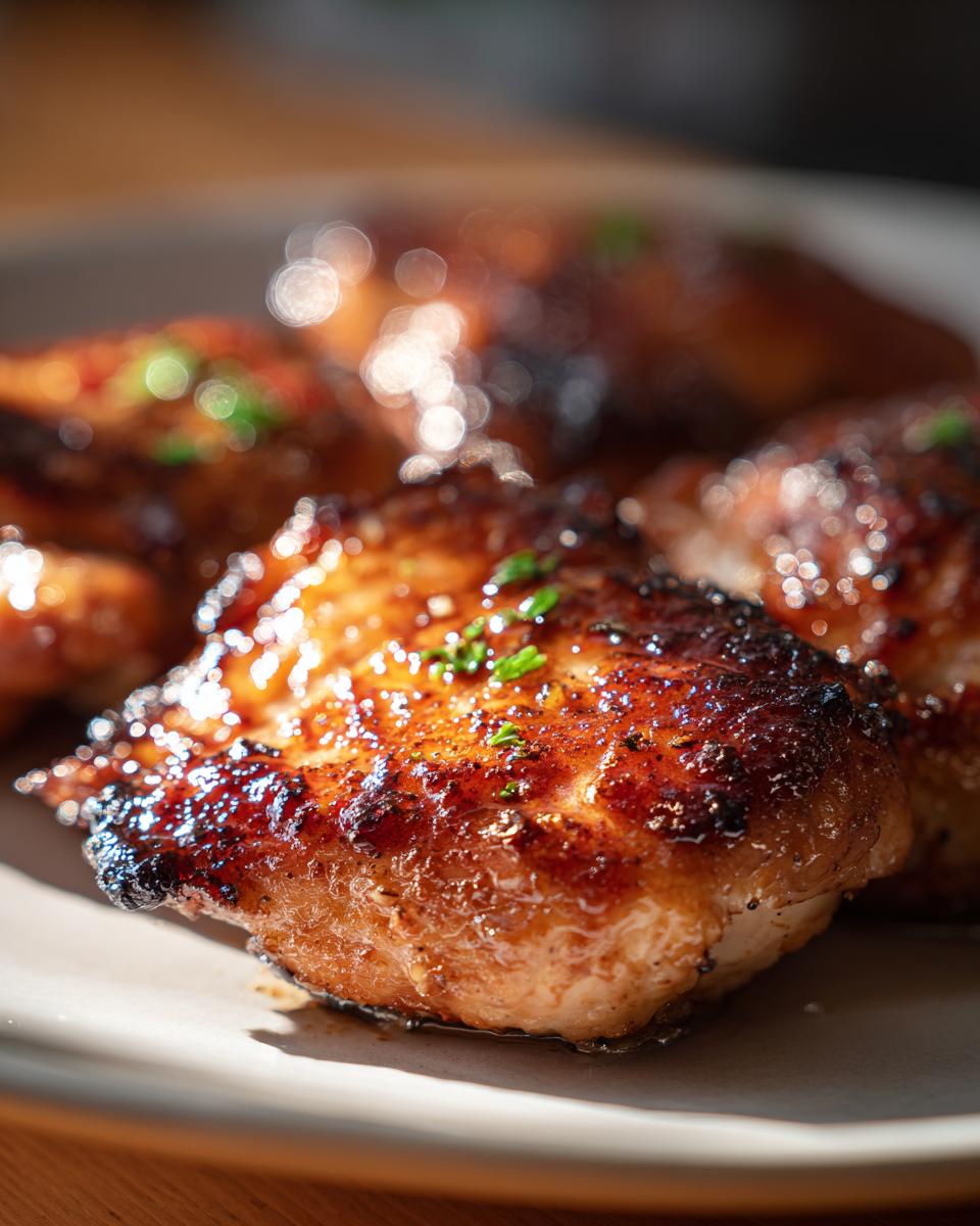 Close-up of perfectly cooked, glazed chicken pieces showing the results of the amazing chicken marinade.