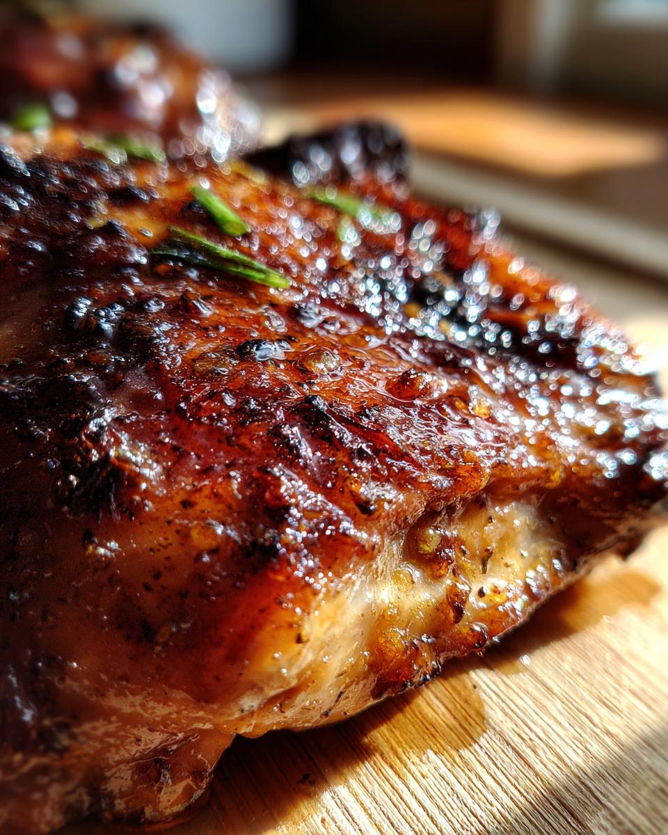 Close-up of deeply caramelized, juicy chicken glazed from the amazing chicken marinade, garnished with herbs.