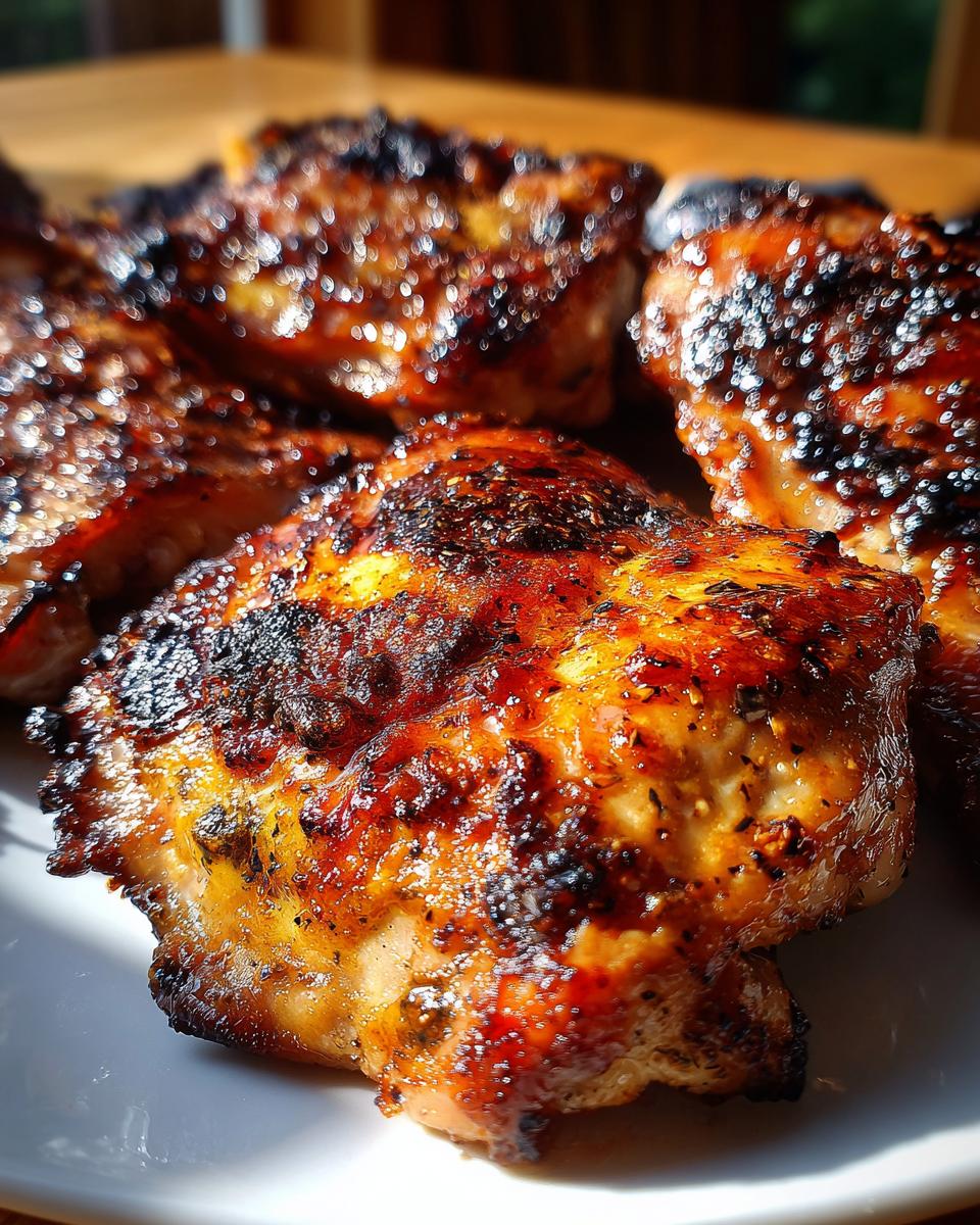 Close-up of perfectly grilled chicken thighs showing a caramelized, dark crust from the amazing chicken marinade.