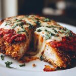 Close-up of keto chicken parmesan cut open showing a dramatic cheese pull, topped with marinara and basil.