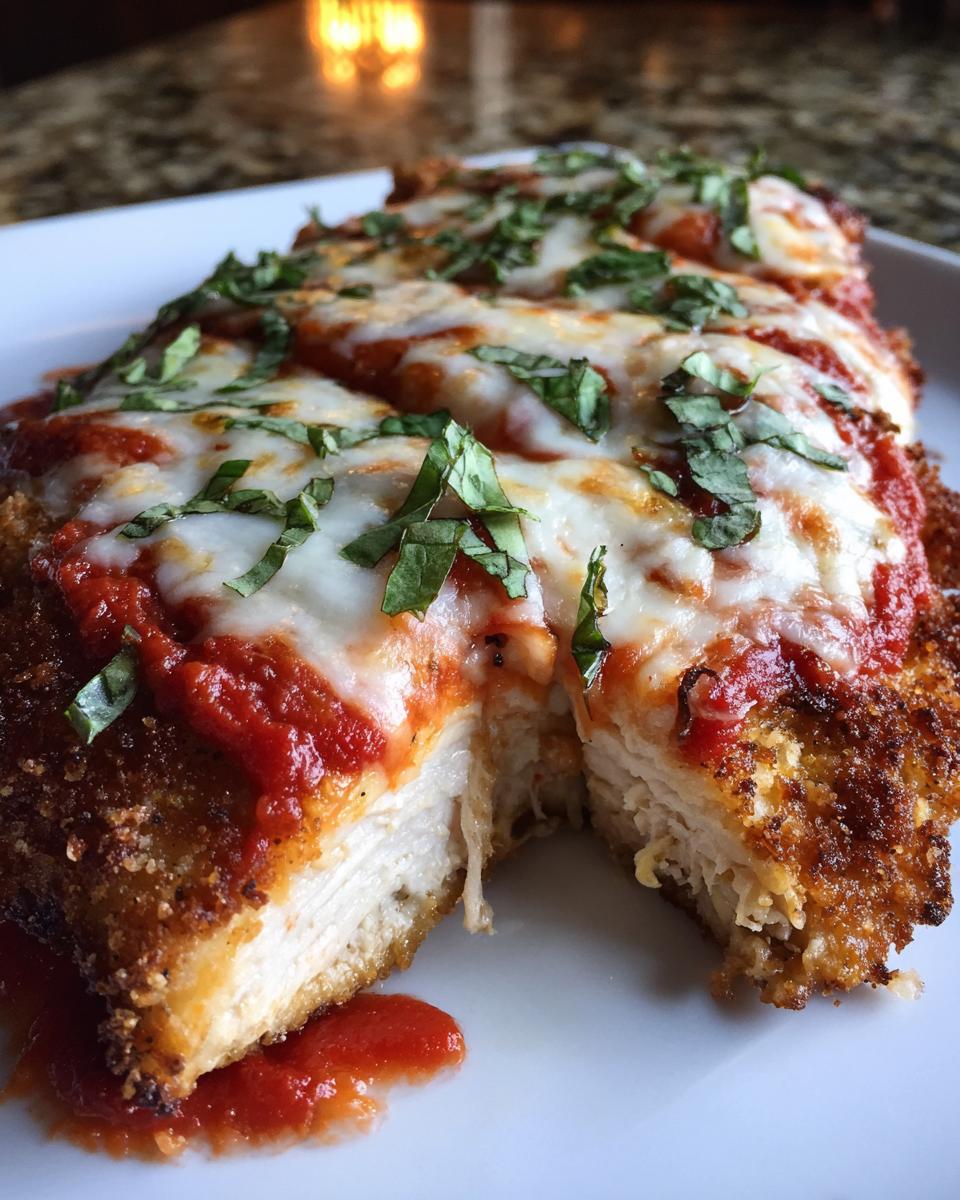 Close-up of keto chicken parmesan cut open, showing crispy crust, white chicken meat, melted mozzarella, and basil.