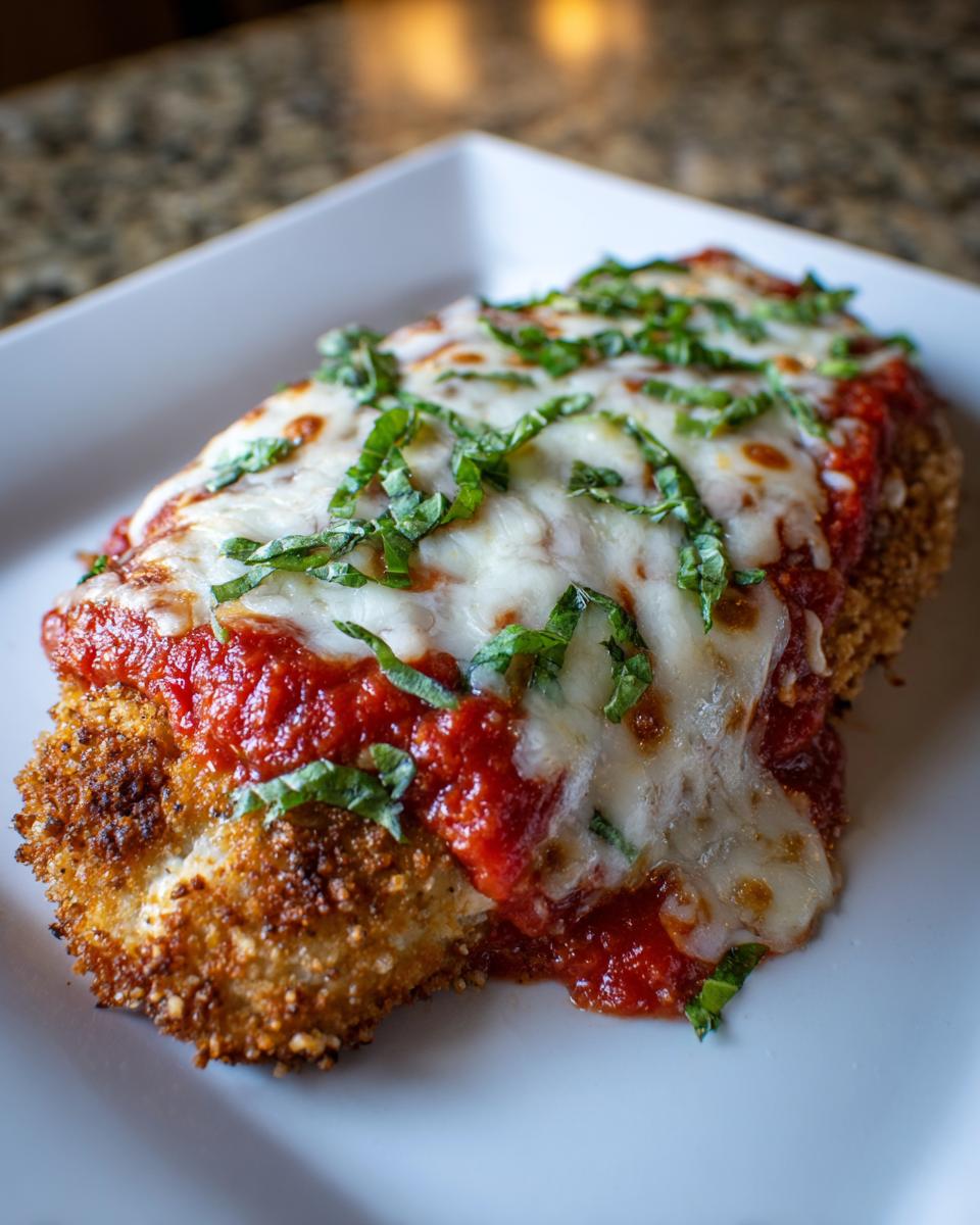 A close-up of a breaded chicken breast topped with marinara sauce, melted mozzarella, and fresh basil, ready to eat keto chicken parmesan.