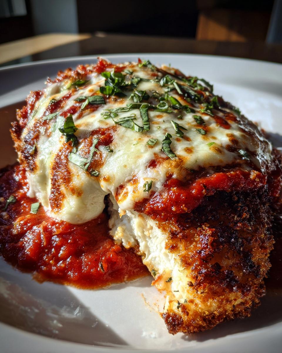 Close-up of a piece of keto chicken parmesan covered in melted mozzarella, marinara sauce, and fresh basil.