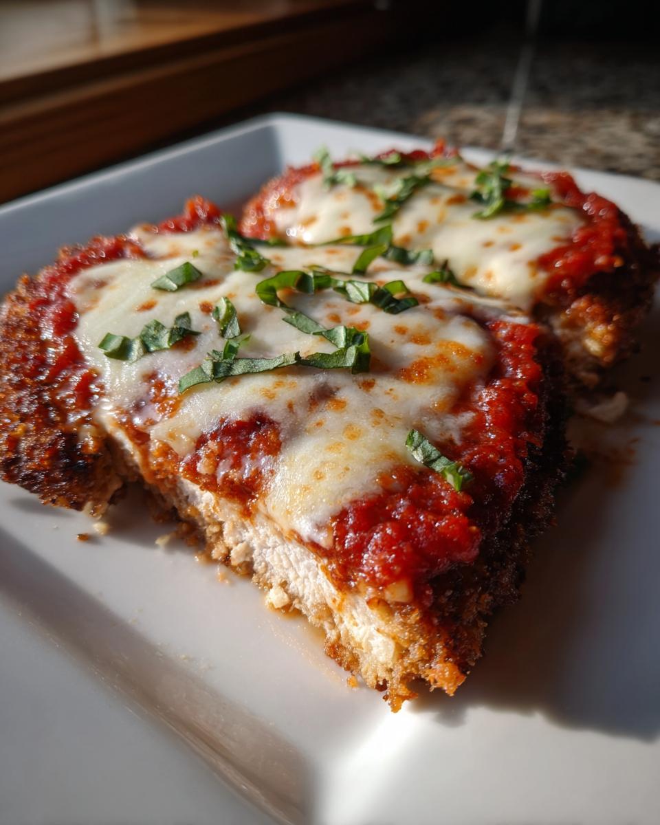 Two slices of keto chicken parmesan topped with melted mozzarella, marinara sauce, and fresh basil.