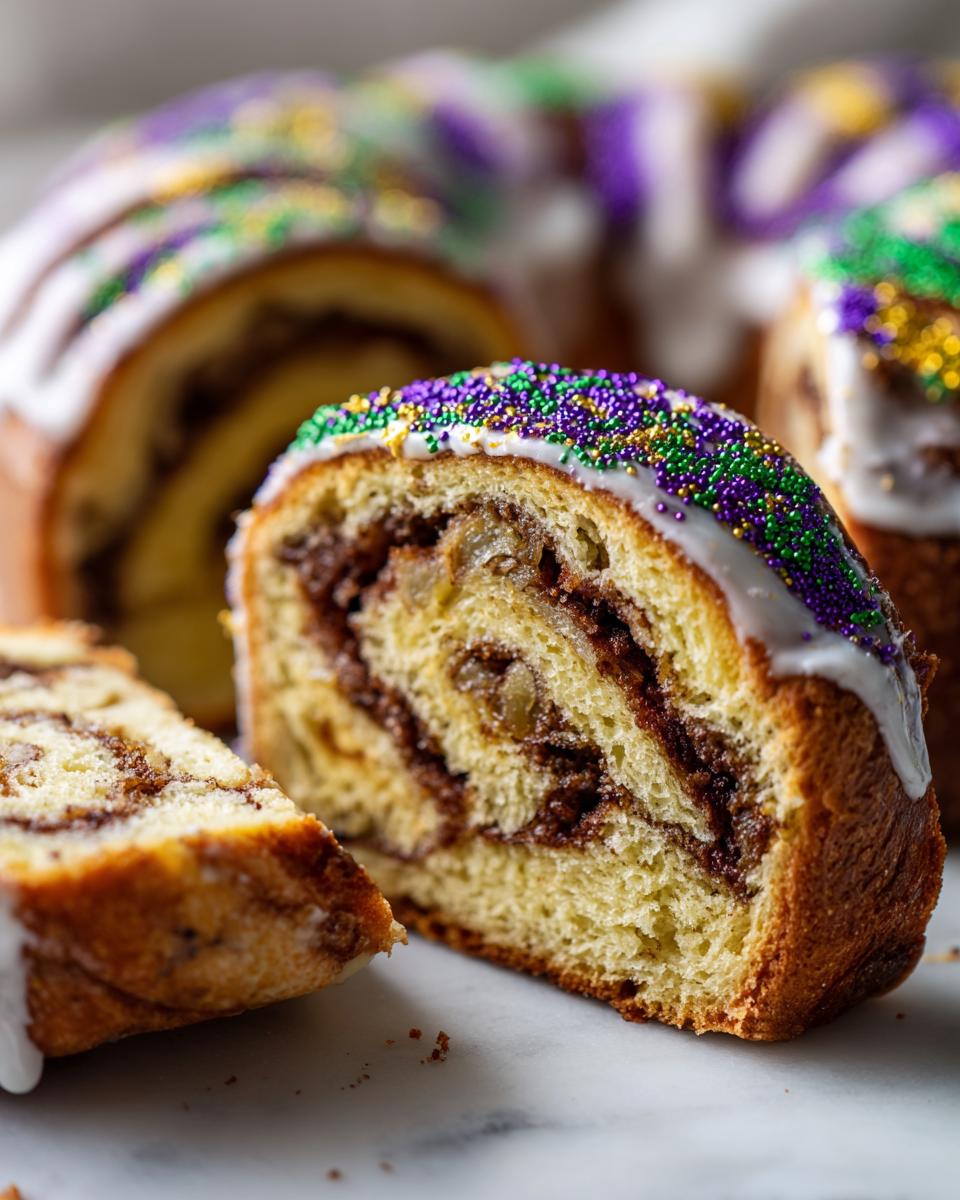Close-up of a slice of cinnamon swirl king cake showing the rich filling, white icing, and purple, green, and gold sprinkles.