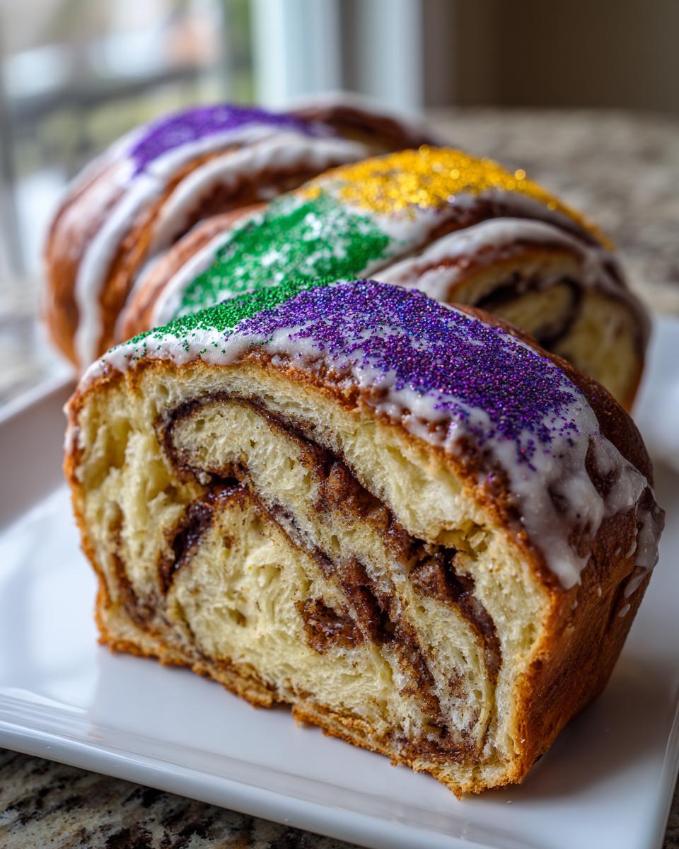 Close-up of a slice of homemade king cake showing cinnamon swirl filling, white icing, and Mardi Gras colored sprinkles.