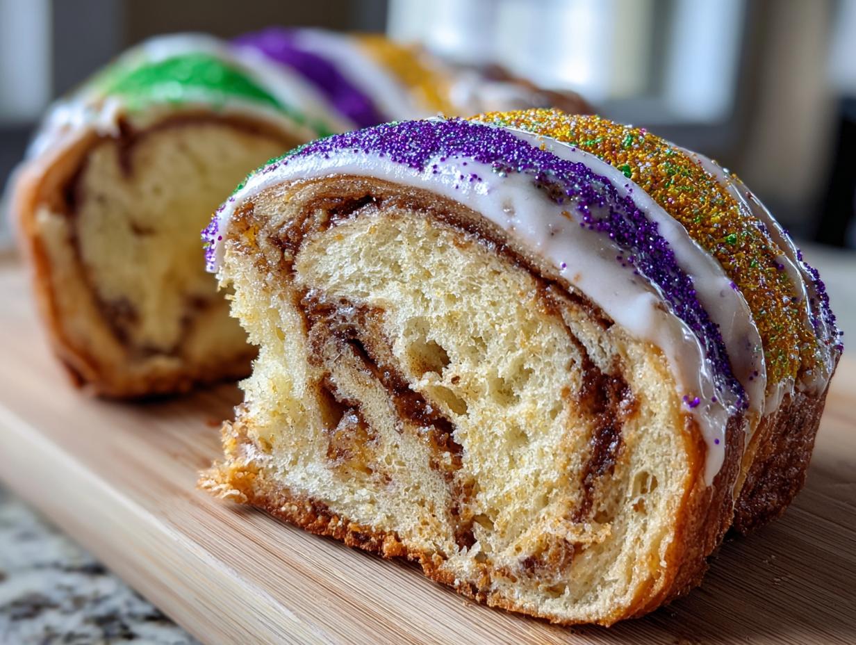 A thick slice cut from a homemade king cake showing the cinnamon swirl interior and purple, green, and gold sprinkles.