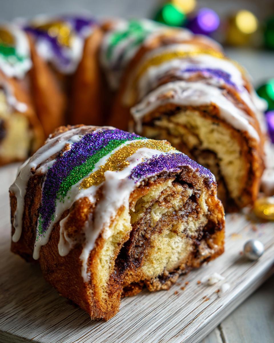 Close-up of a slice of delicious king cake showing the cinnamon swirl interior and Mardi Gras colored sprinkles.