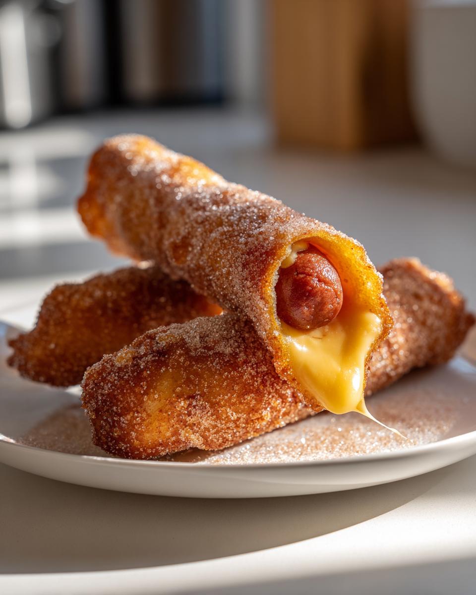 Close-up of a sugar-coated Korean corn dog split open, showing a hot dog and melted cheese creating an epic cheese pull.