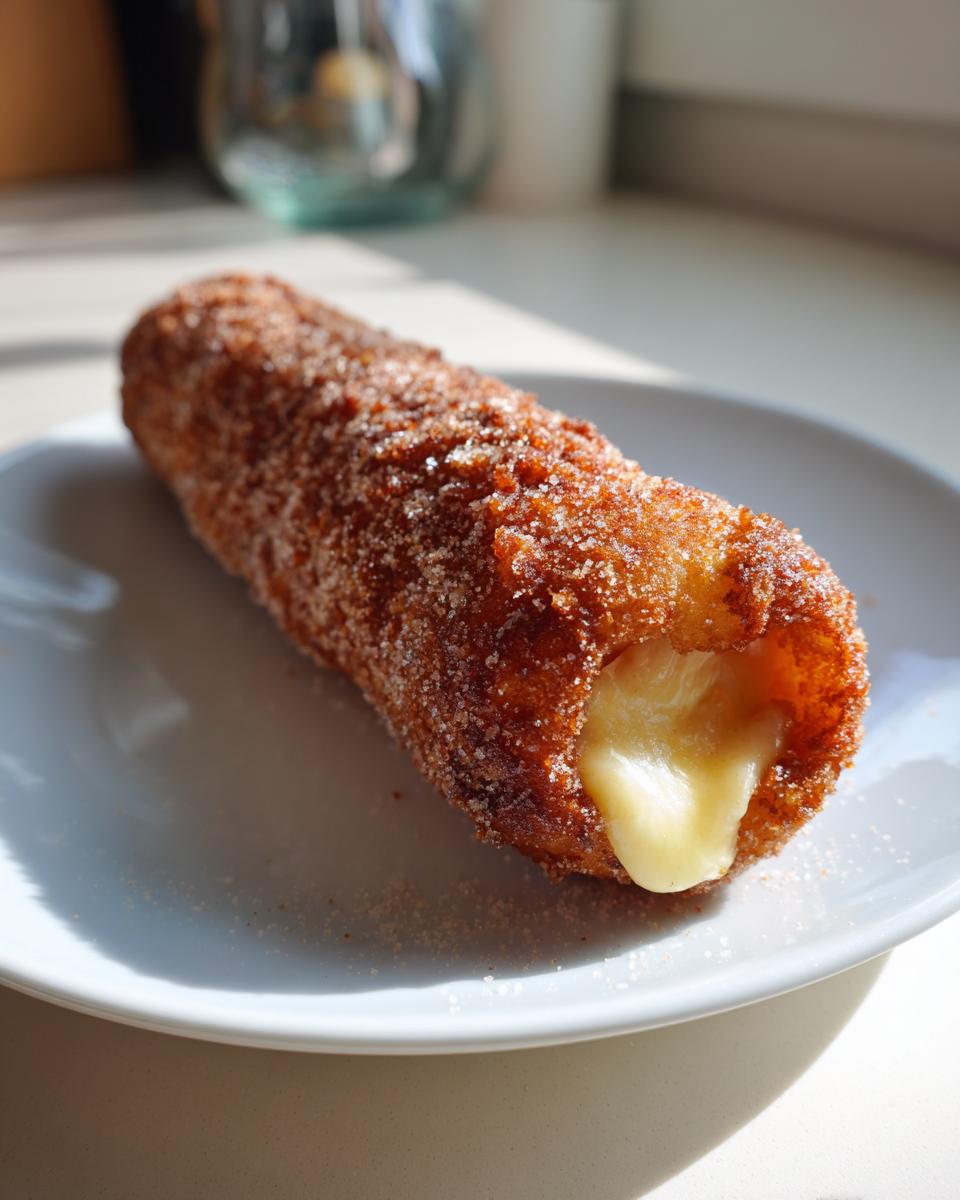 Close-up of a sugar-coated Korean corn dog with melted cheese oozing out of the end.
