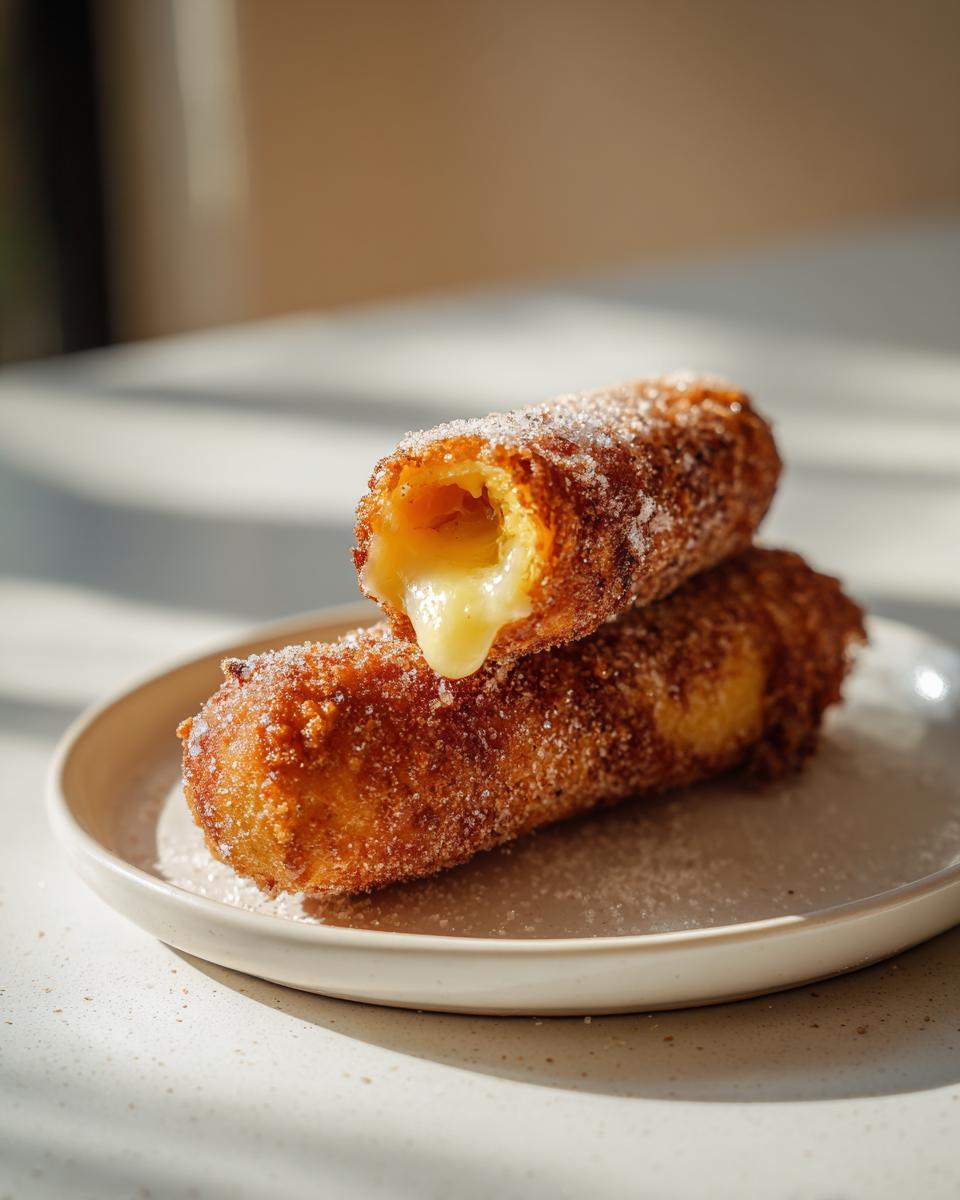 Two sugar-coated Korean corn dogs stacked, with the top one broken open revealing a dramatic, gooey cheese pull.