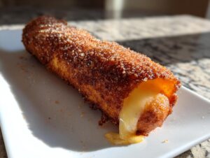 Close-up of a sugar-coated Korean corn dog with melted mozzarella cheese stretching out.