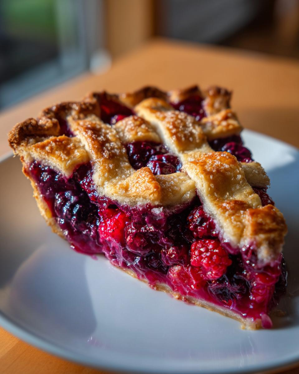 A close-up of a perfect slice of berry pie with a lattice crust, showing vibrant red and purple fruit filling.