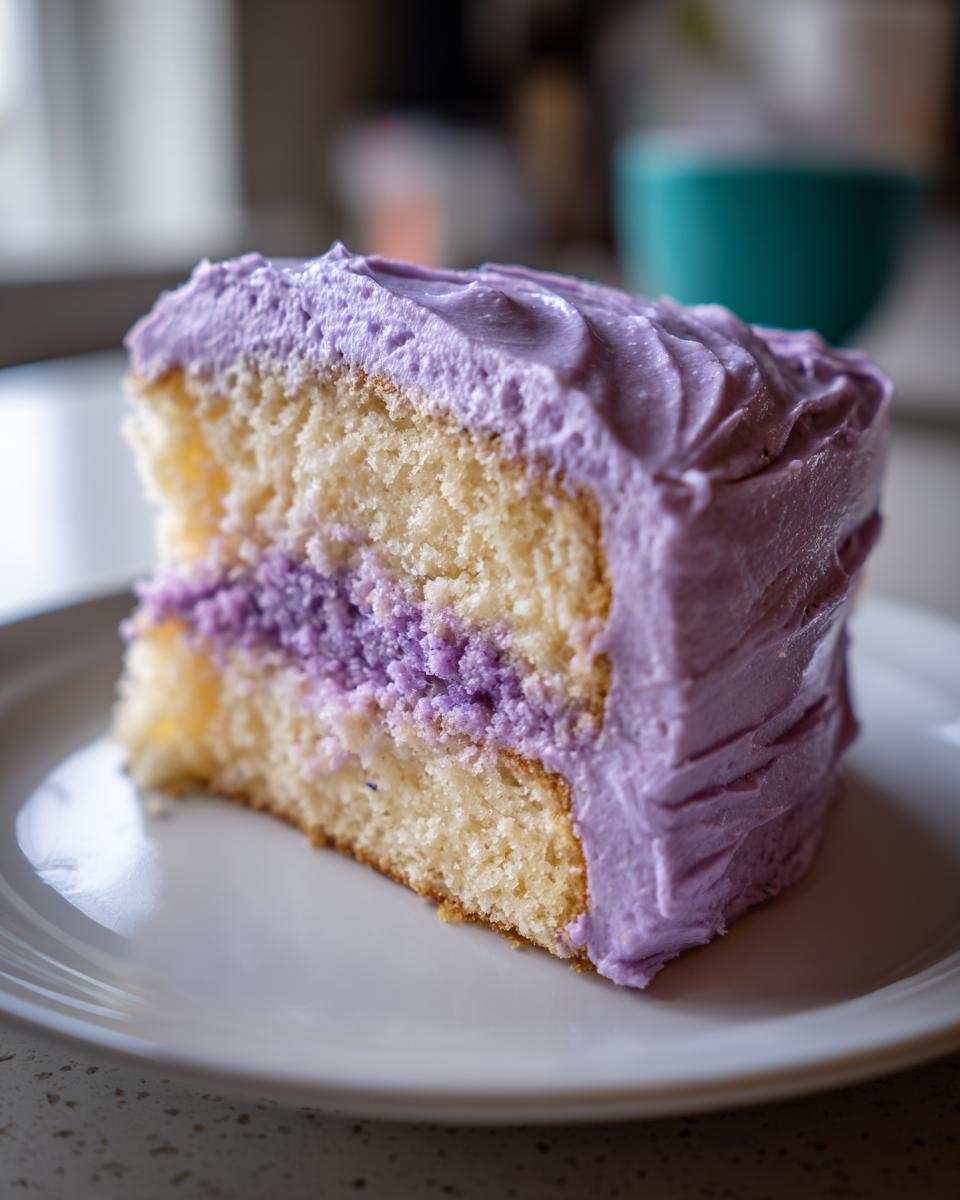 Close-up of a moist slice of lavender cake with light yellow sponge layers and vibrant purple lavender frosting.
