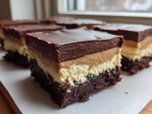 A close-up view of a rich, layered buckeye brownies square showing the brownie base, peanut butter layer, and chocolate topping.