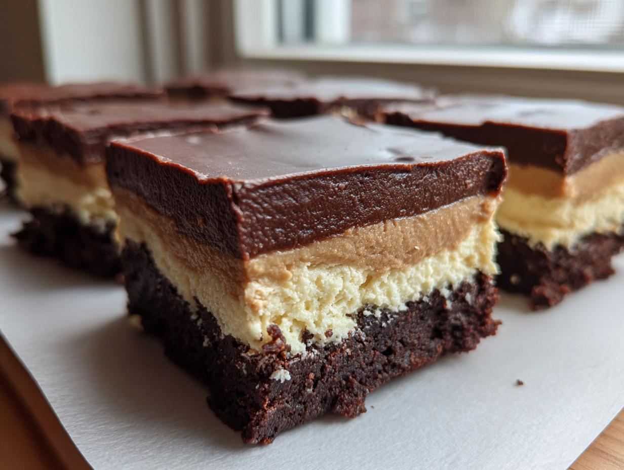 A close-up view of a rich, layered buckeye brownies square showing the brownie base, peanut butter layer, and chocolate topping.