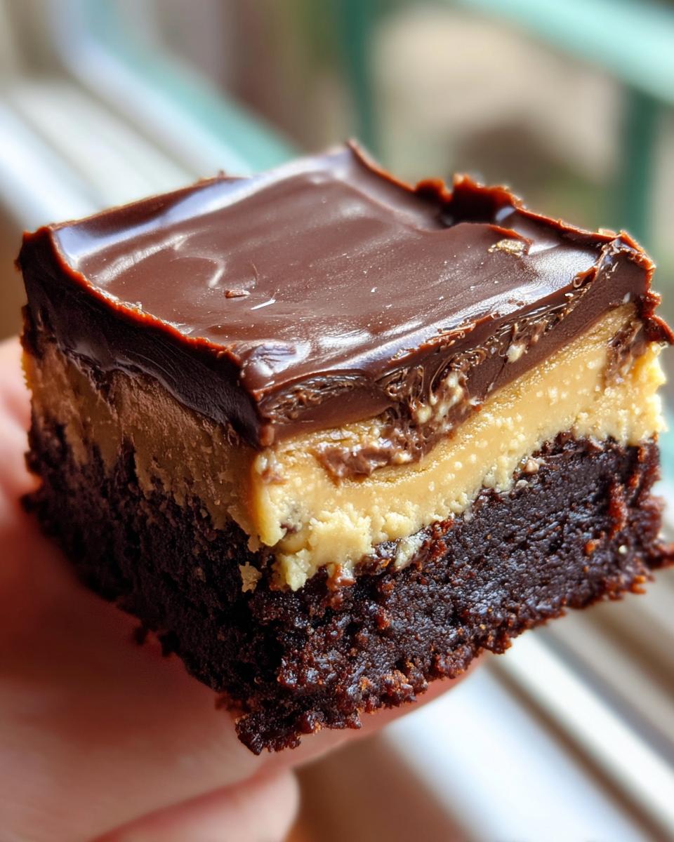 A close-up view of a single, thick square of buckeye brownies showing the dense chocolate base, peanut butter layer, and chocolate ganache top.