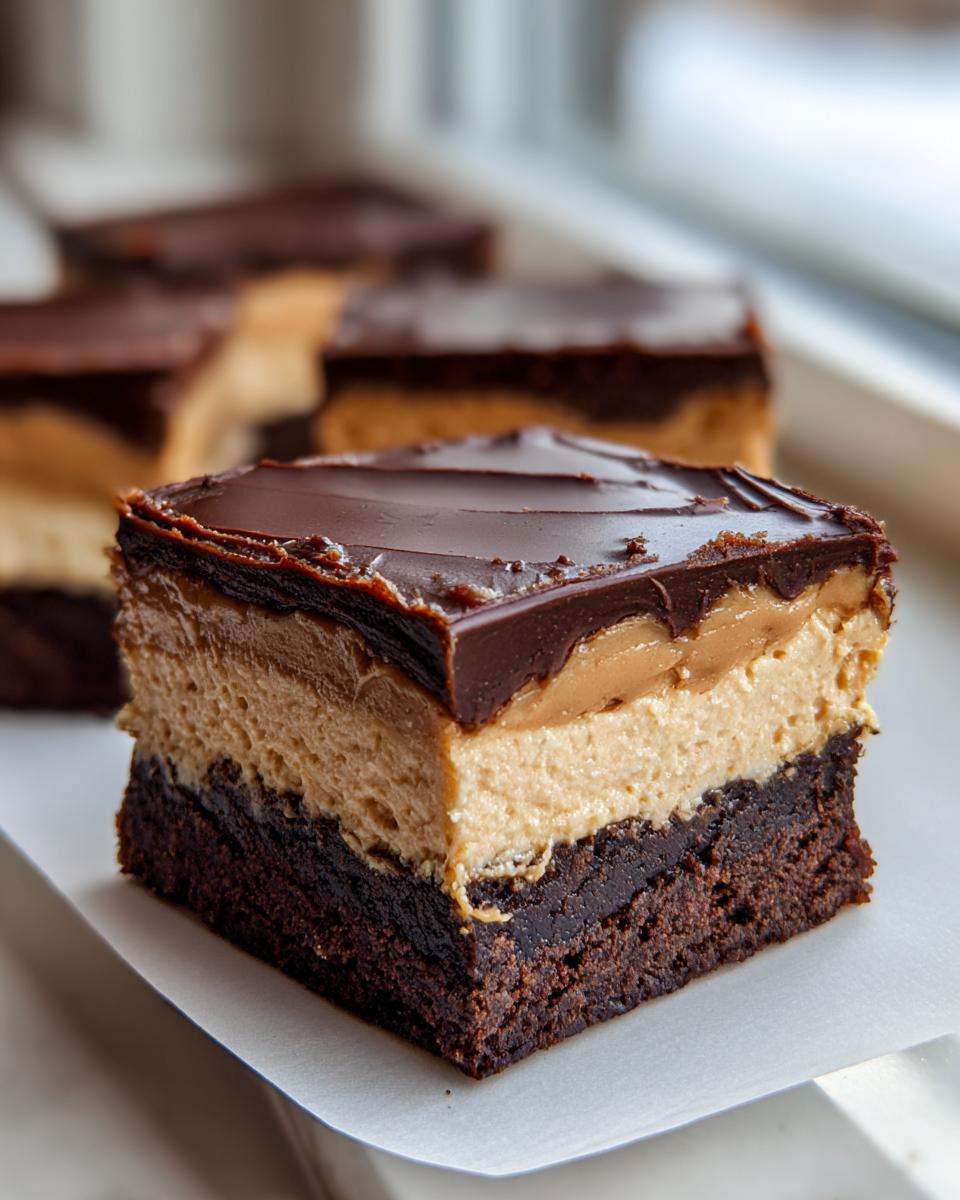 A thick, layered square of buckeye brownies featuring a dark chocolate base, peanut butter filling, and chocolate ganache topping.