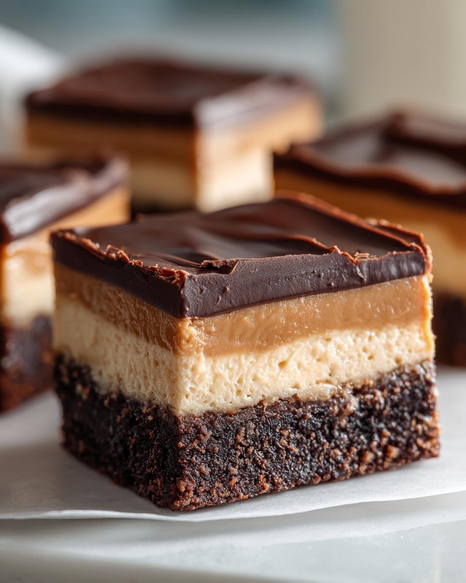 A close-up of a single square of buckeye brownies showing the dark chocolate base, peanut butter layer, caramel layer, and chocolate topping.