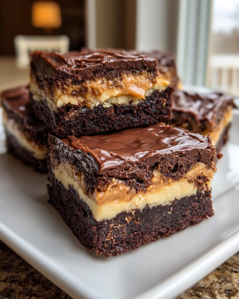 Close-up of three-layer buckeye brownies featuring a dense brownie base, peanut butter filling, and chocolate topping.