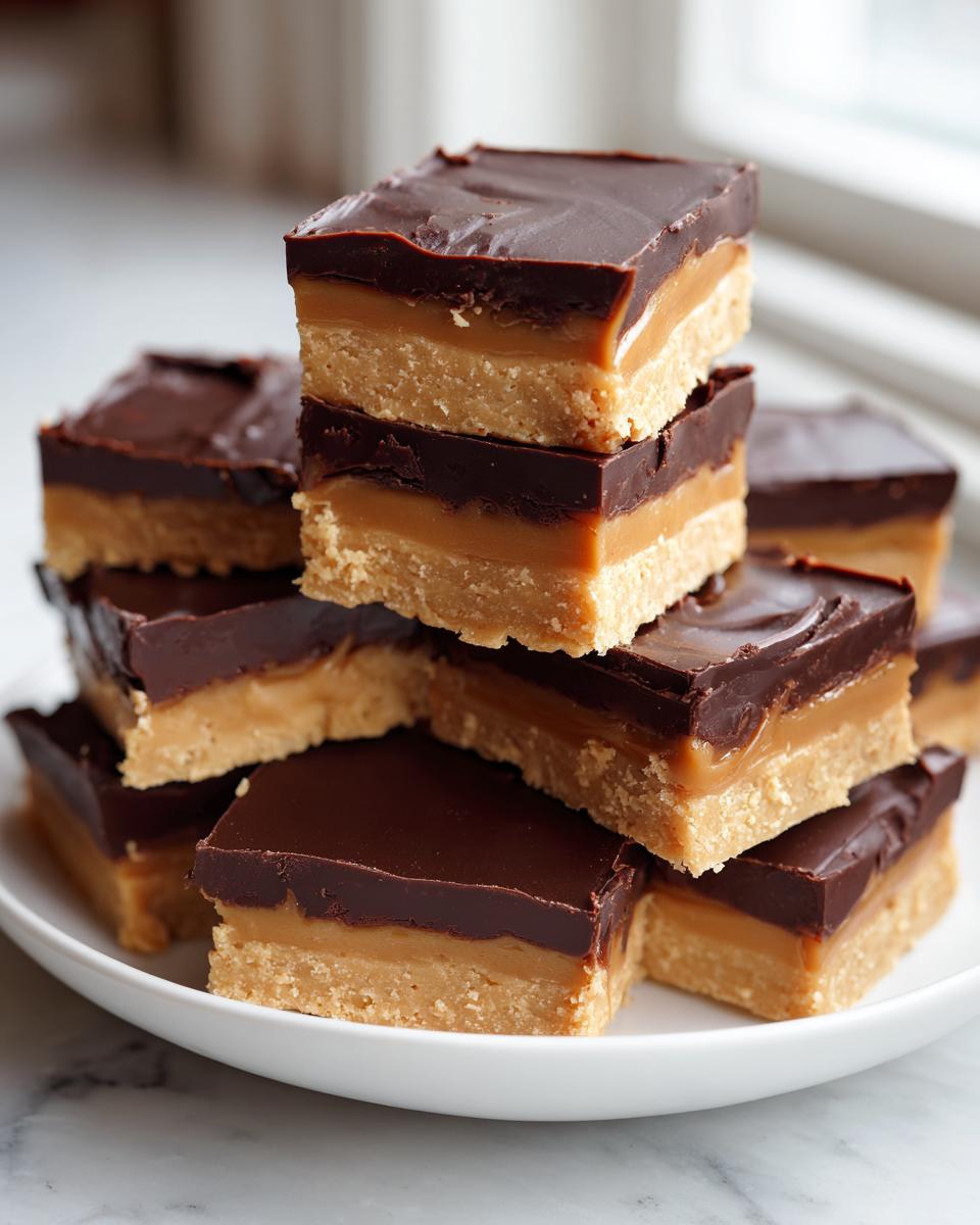 A stack of layered buckeye fudge bars featuring a peanut butter base, caramel layer, and chocolate topping.