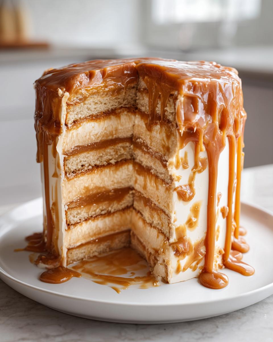 A tall, multi-layered caramel cake with a slice removed, showing layers of cake and frosting drenched in dripping caramel sauce.