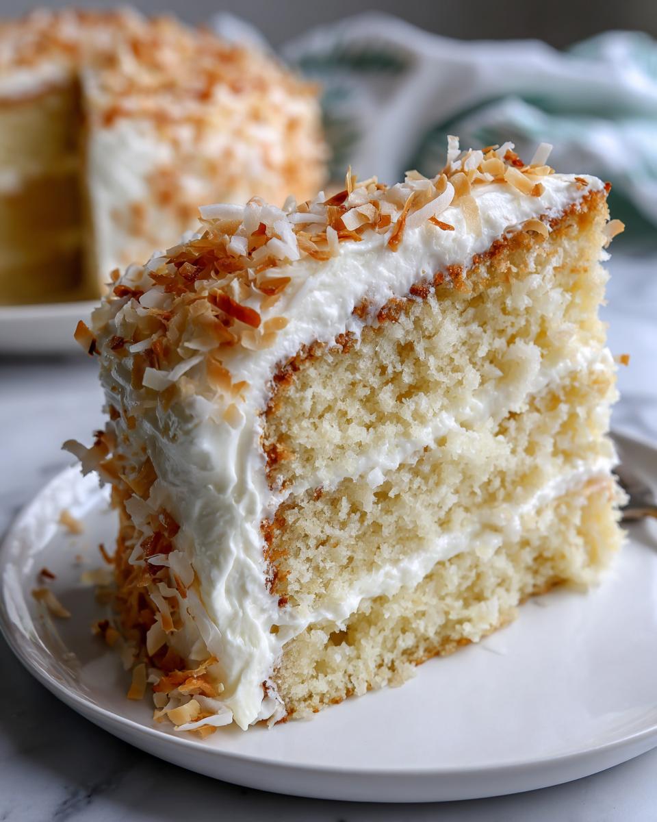Close-up of a moist slice of layered coconut cake with white frosting and toasted coconut flakes on top.