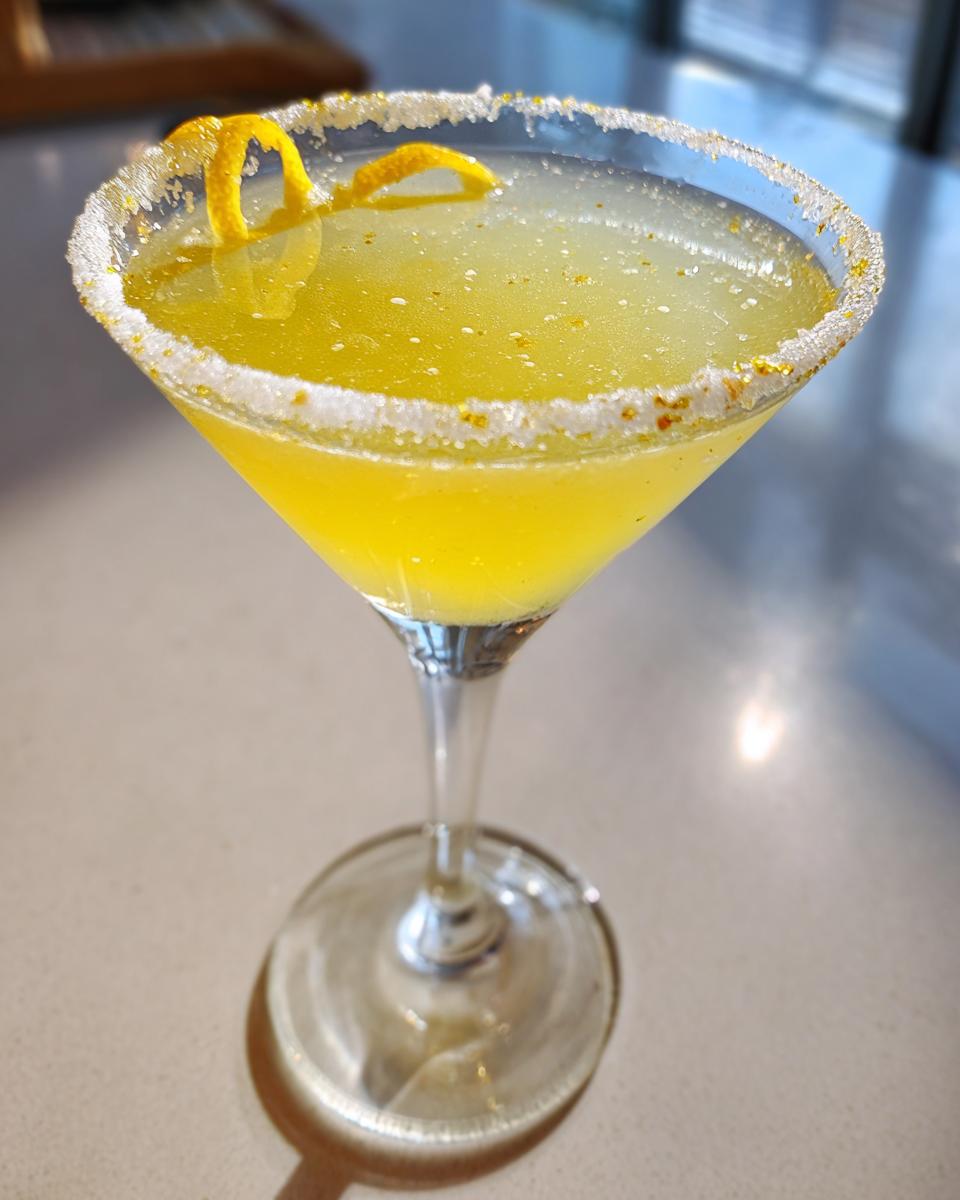 A bright yellow lemon drop martini served in a stemmed glass with a sugar rim and lemon twist garnish.
