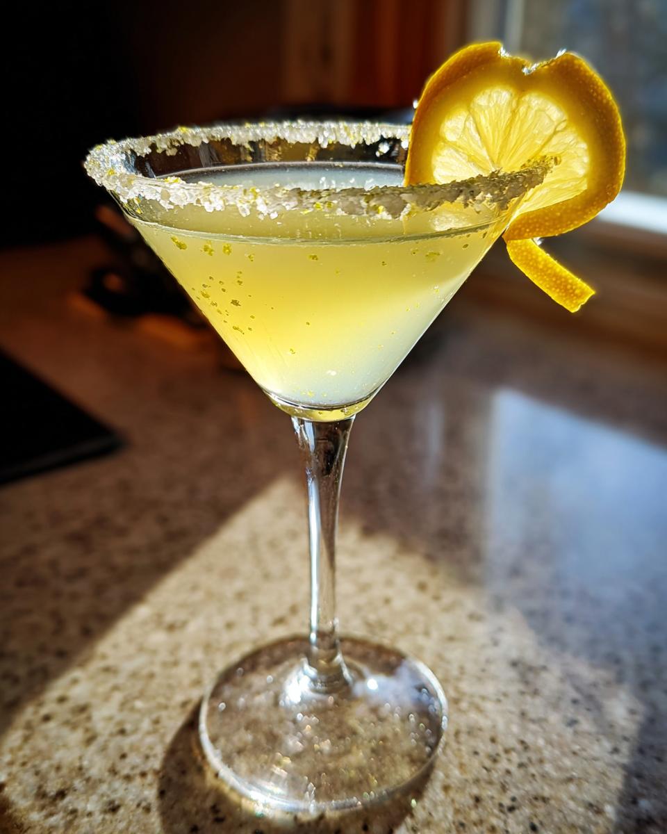 A bright yellow lemon drop martini in a stemmed glass with a sugar-rim and lemon wheel garnish.