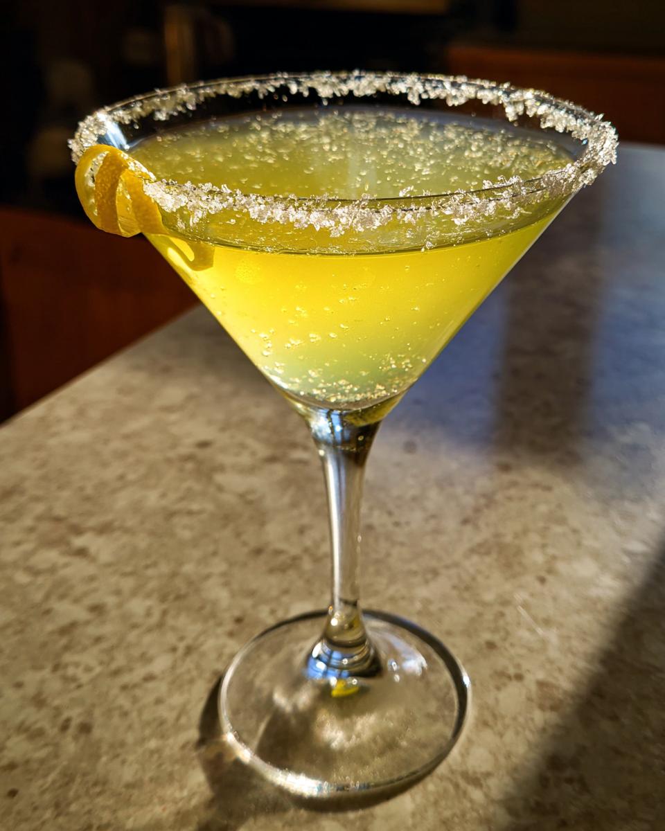 Close-up of a bright yellow lemon drop martini in a coupe glass with a thick sugar rim and lemon twist garnish.