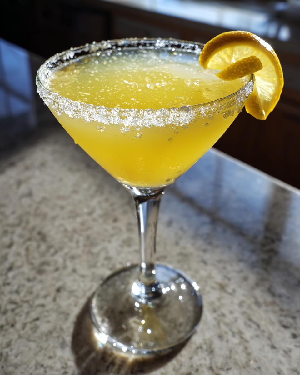 A bright yellow lemon drop martini in a coupe glass with a sugar-rim and a lemon twist garnish.