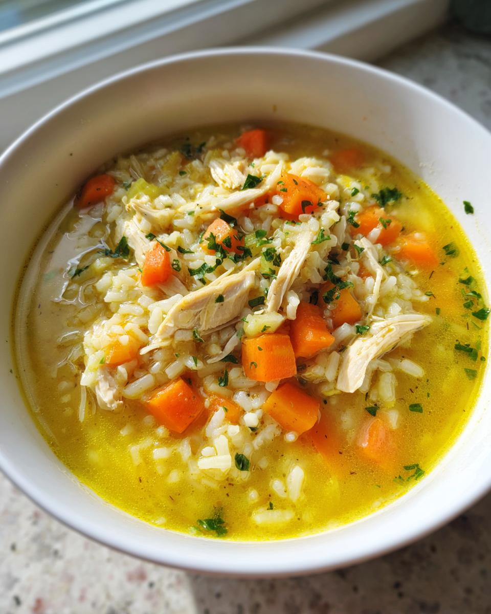 Close-up of a white bowl filled with Lemon Ginger Turmeric Chicken and Rice Soup, featuring shredded chicken, rice, and bright orange carrots.