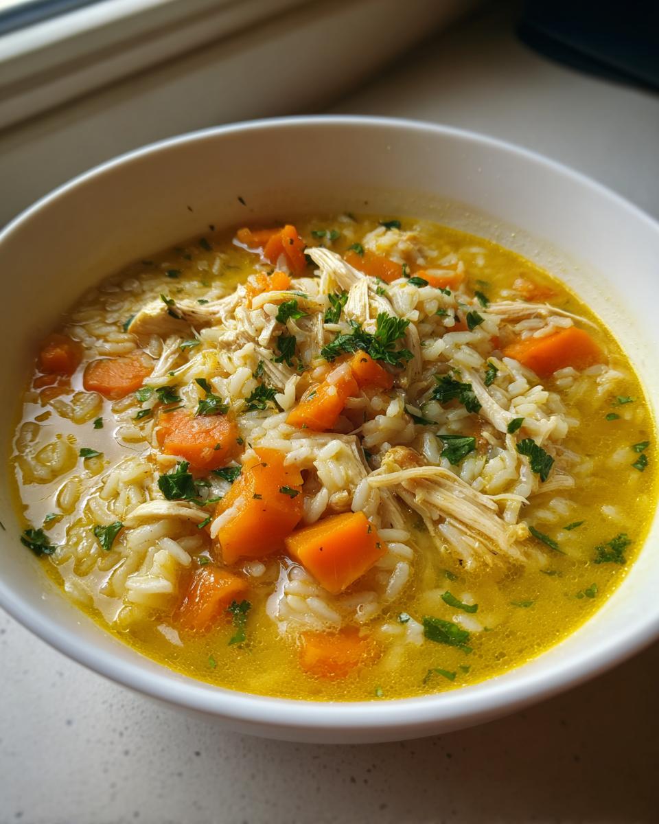 Close-up of a white bowl filled with Lemon Ginger Turmeric Chicken and Rice Soup, showing shredded chicken, rice, and bright orange carrots.