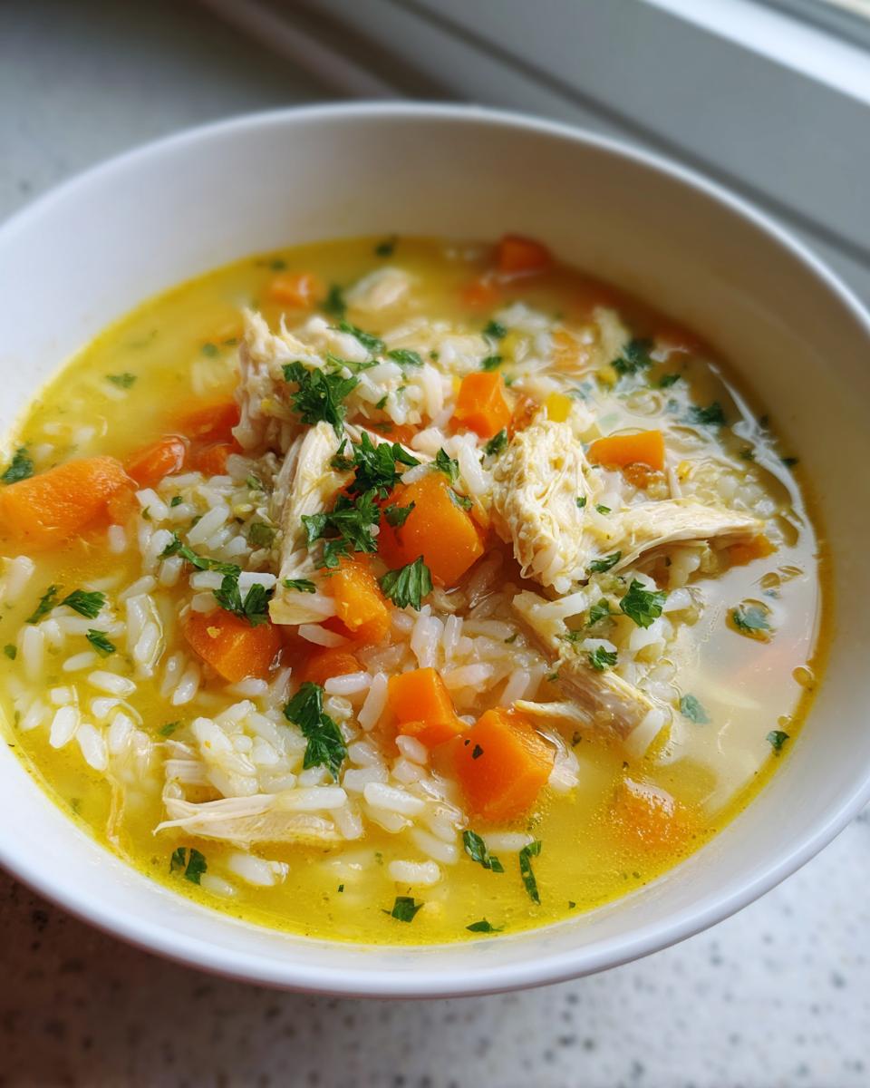 Close-up of a white bowl filled with Lemon Ginger Turmeric Chicken and Rice Soup, featuring shredded chicken, rice, and bright orange carrots.