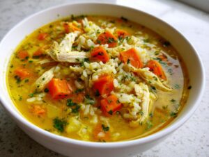 Close-up of a white bowl filled with vibrant yellow Lemon Ginger Turmeric Chicken and Rice Soup, featuring shredded chicken, rice, and diced carrots.