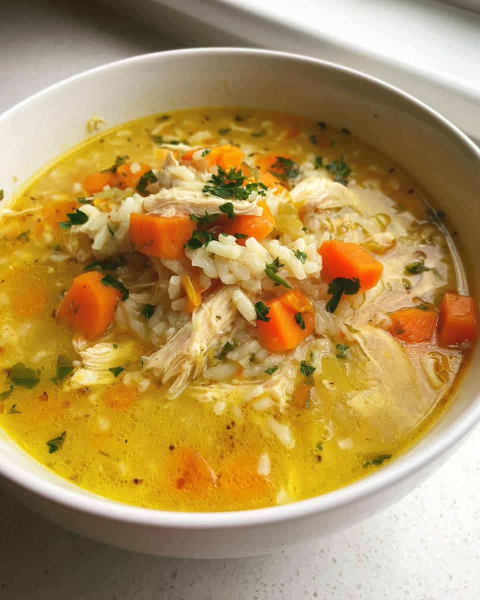 Close-up of a white bowl filled with vibrant yellow Lemon Ginger Turmeric Chicken and Rice Soup, showing shredded chicken, rice, and diced carrots.