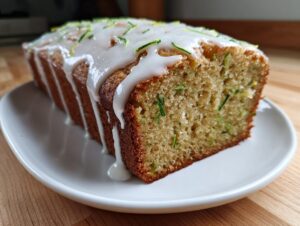 A loaf of moist lemon zucchini bread, sliced to show the interior, topped with white glaze and fresh zucchini zest.