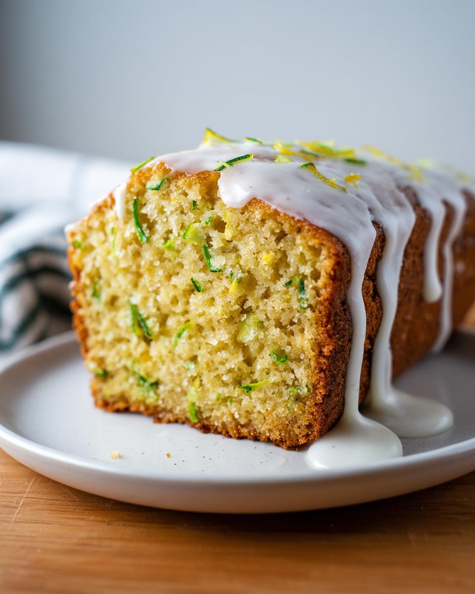 Close-up of a moist slice of lemon zucchini bread topped with thick white glaze and lemon zest.