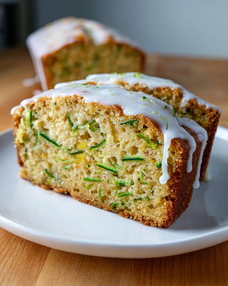 Close-up of two moist slices of lemon zucchini bread topped with a white glaze and lemon zest.