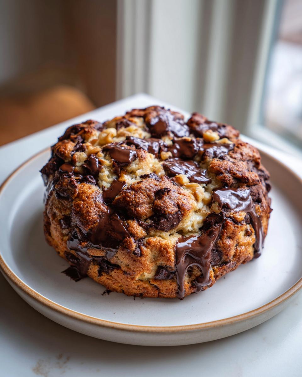 A thick, gooey levain bakery chocolate chip cookie topped with melted chocolate chunks, served on a light plate.