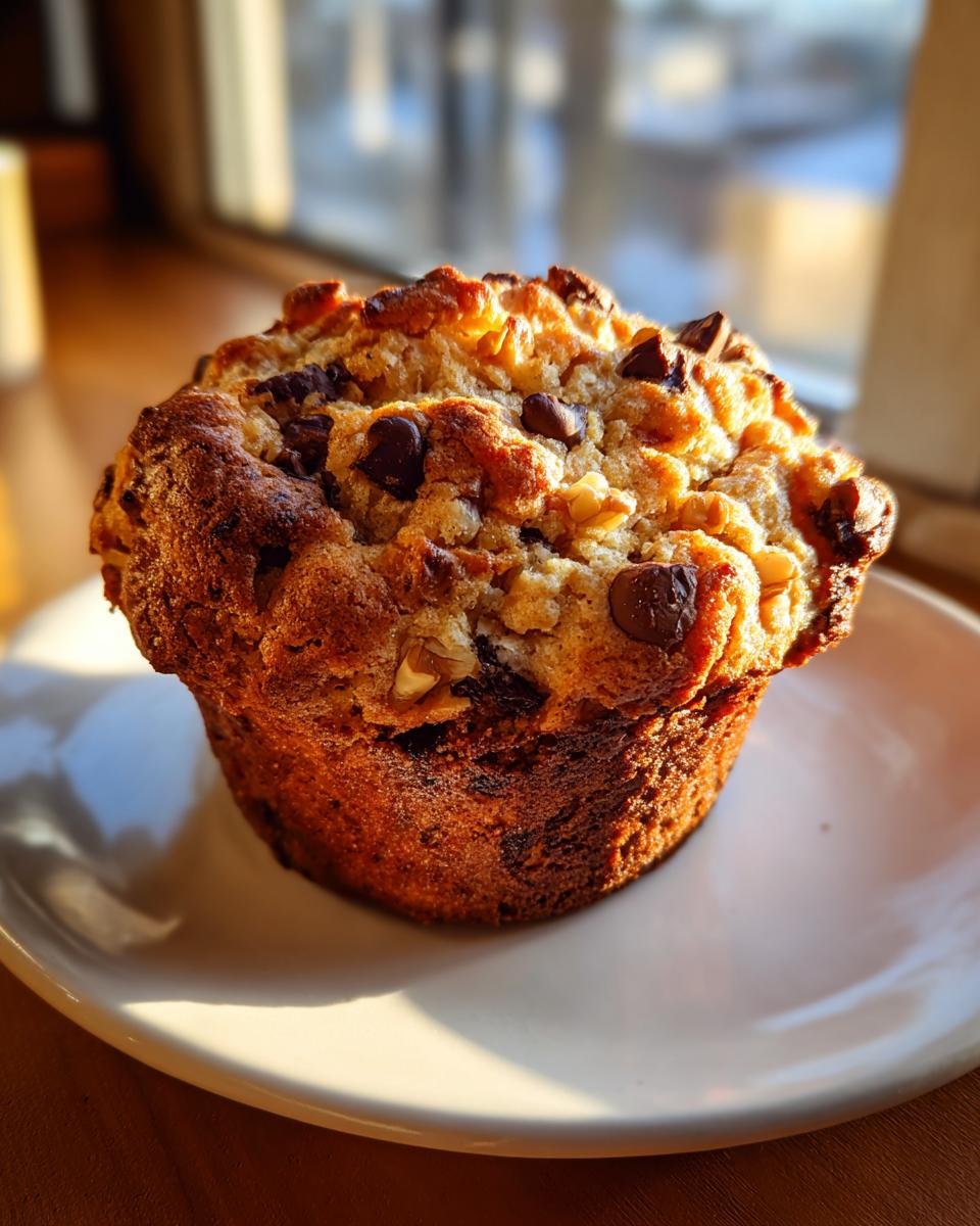 A tall, thick, golden-brown baked good resembling a giant chocolate chip cookie or muffin, topped with chocolate chips.