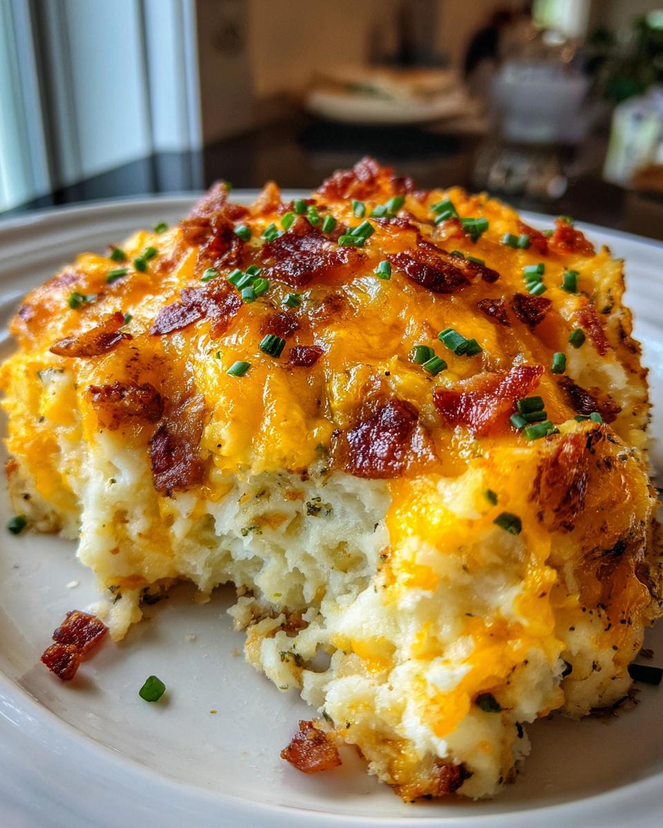 A close-up of a serving of loaded mashed potatoes topped with melted cheddar cheese, bacon bits, and chives.