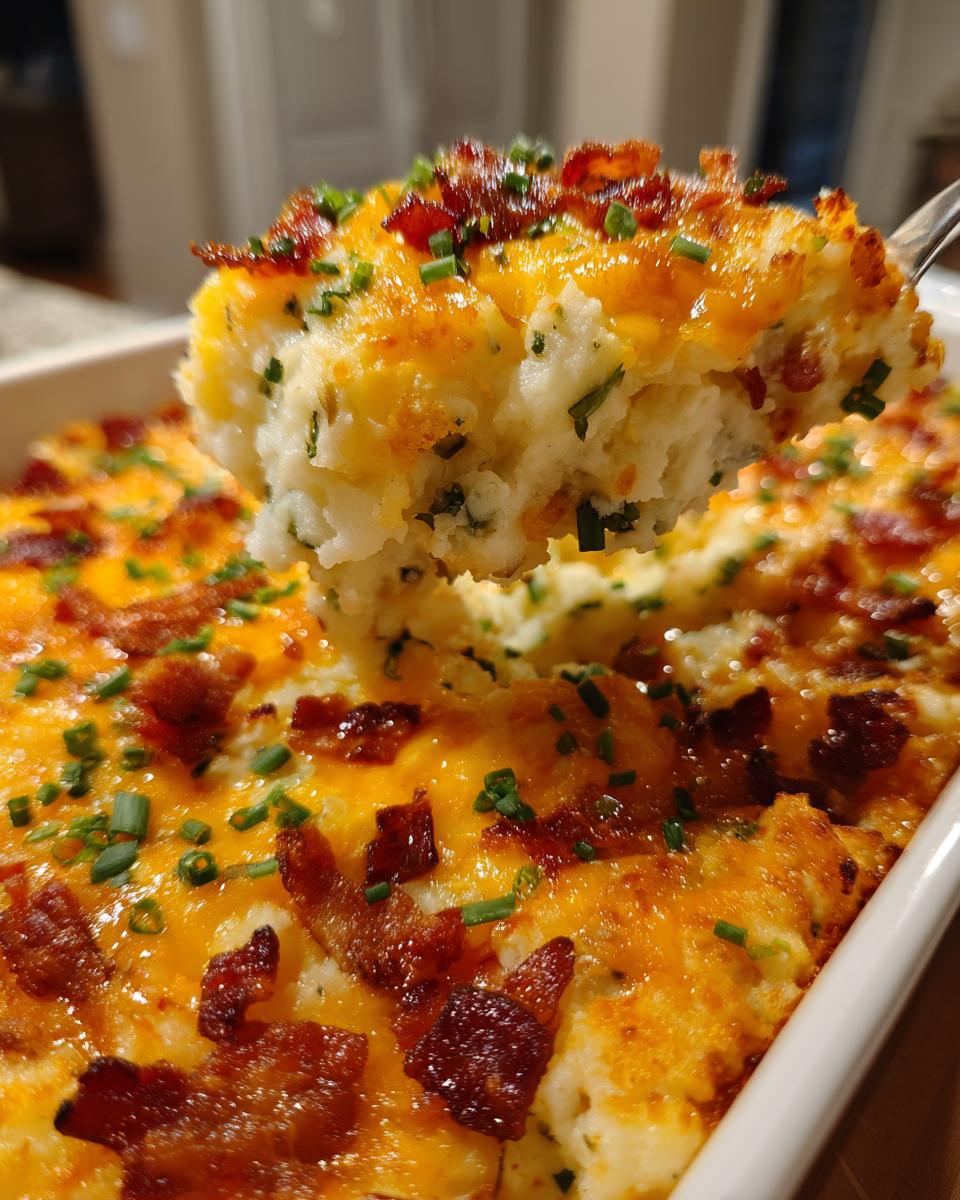 A spoonful of creamy loaded mashed potatoes topped with melted cheddar cheese, bacon bits, and chives being lifted from the baking dish.
