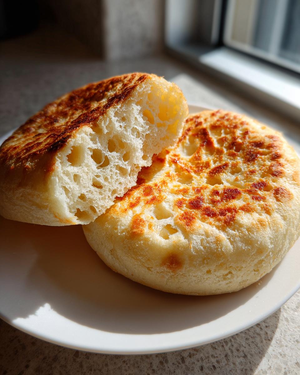 Close-up of a light, airy english muffin split in half, showing its characteristic nooks and crannies, sitting on a white plate.