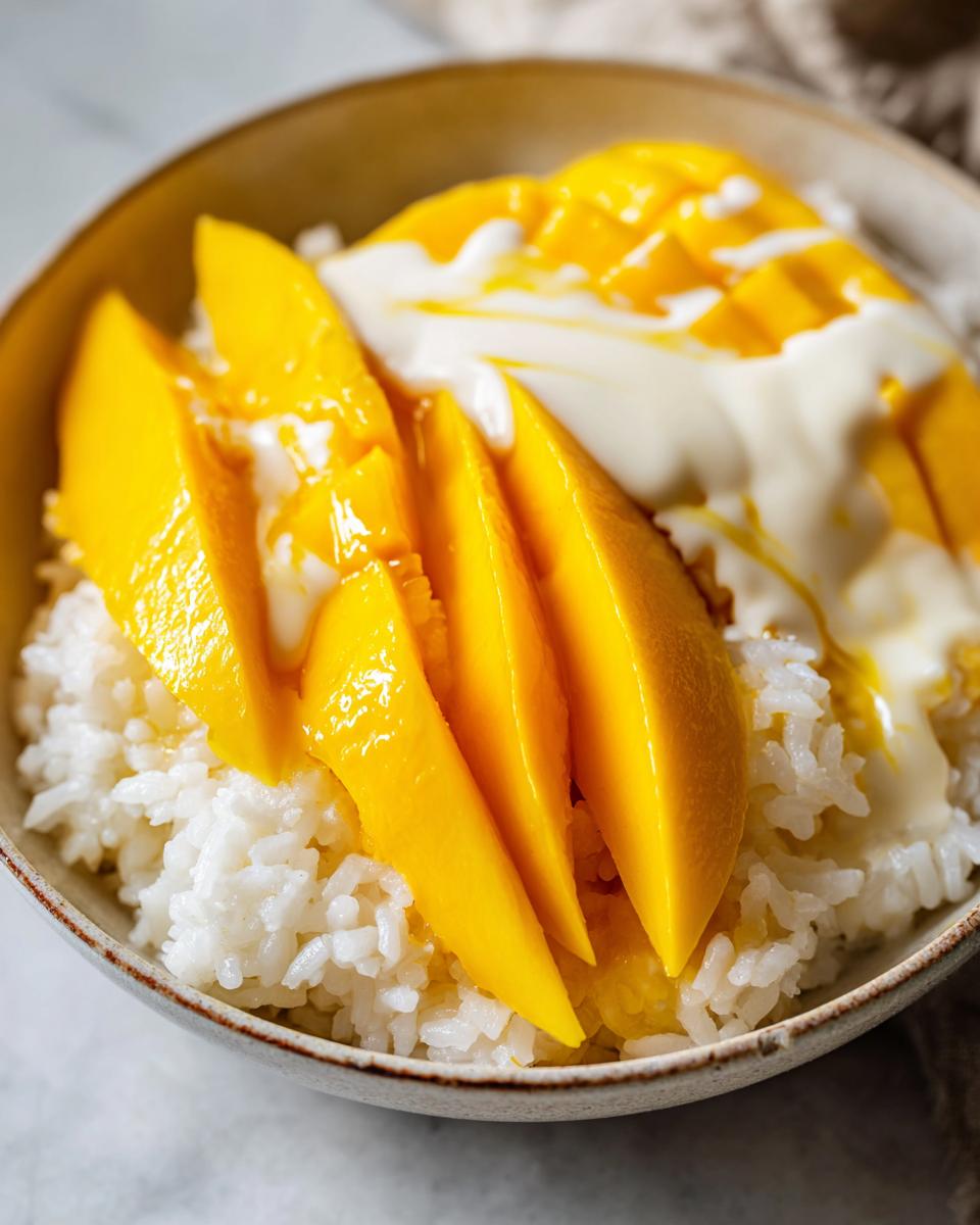 Close-up of a bowl of mango sticky rice topped with sliced fresh mango and coconut cream.
