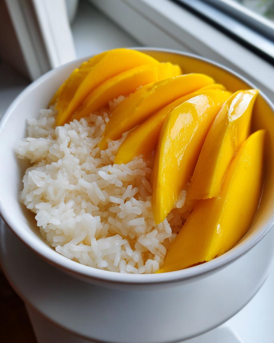 A close-up view of sweet sticky rice topped with bright, sliced yellow mango, ready to eat mango sticky rice.